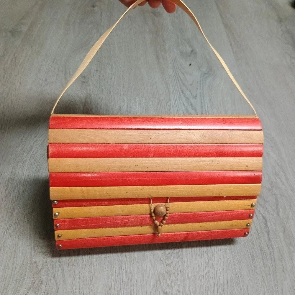 Vintage Wooden Slat Purse Red Unique Hand Made Bag Made In West Germany